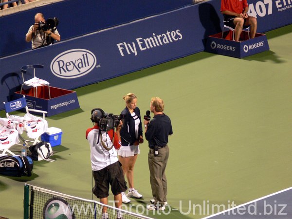 Kim Clijster in post game interview. Winner against Elena Baltacha, 18 August 2009, Stadium Court.