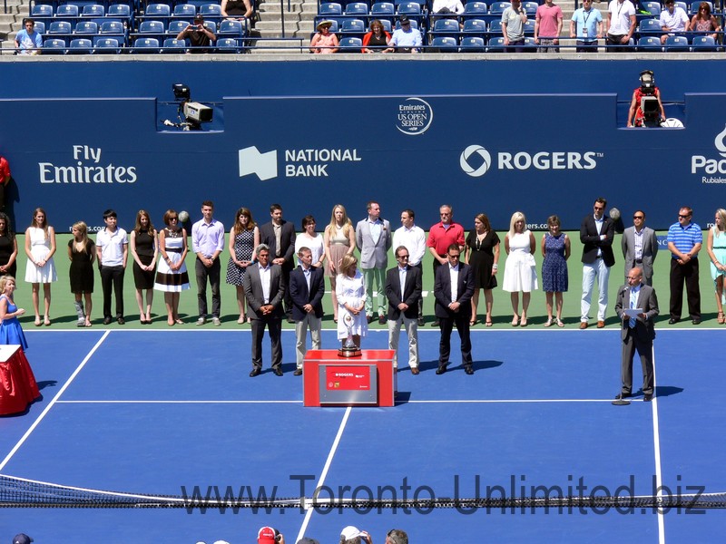 Organizing committee members Karl Hale, Peter King, Leslie Tayles, Martin Wostenholme and Lars Graff during Doubles Final Trophy Presentation. August 10, 2014 Rogers Cup Toronto 
