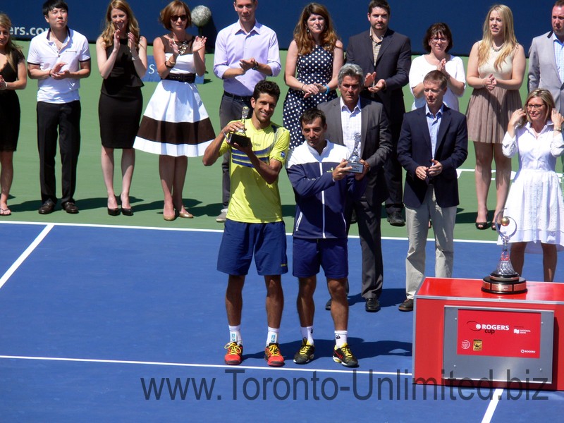 Ivan Dogic and Marcelo Melo with runner-ups trophy. Doubles final August 10, 2014 Rogers Cup Toronto