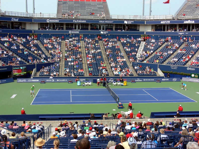 Kevin Anderson (RSA) and Stan Wawrinka (SUI) playing on Stadium Court August 7, 2014 Rogers Cup Toronto