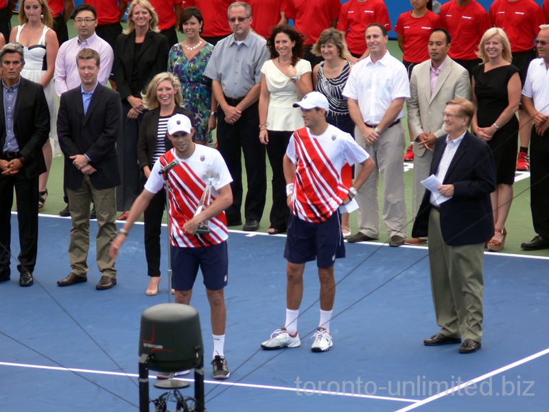 Spidercam TV recording in front of Bob and Mike Bryan. August 12, 2012 Rogers Cup.