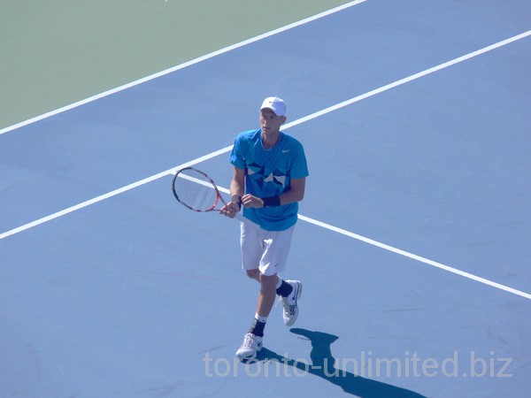 Peter Polansky, Canadian tennis player on Centre Court in match with Matthew Ebden of Australia, August 6, 2012 Rogers Cup.