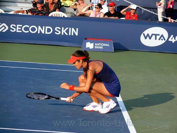 Crouching Ana Ivanovic on Grandstand in match with Flavia Penneta (ITA) August 7, 2013 Rogers Cup Toronto