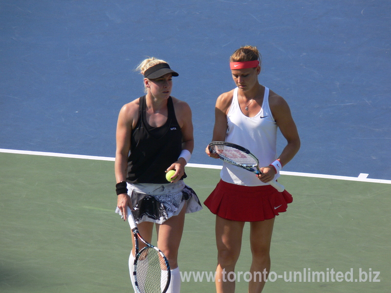 Lucie Safarova and Bethanie Mattek-Sands playing final against Caroline Garcia (FRA) and Katarina Srebotnik (SLO) 16 August 2015 Rogers Cup Toronto.