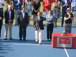 Tennis Canada Organizing Committee, from the left;  Dale Hooper  Rogers Communication Brand Officer, Ghislain Parent of National Bank, Mike Tevlin with raised hand  Tennis Canada Board of Directors, Giulia Orlandi  WTA Supervisor and Wanda Restivo 40 years as Tennis Volunteer. Rogers Cup Doubles Closing Ceremony 16 August 2015.   