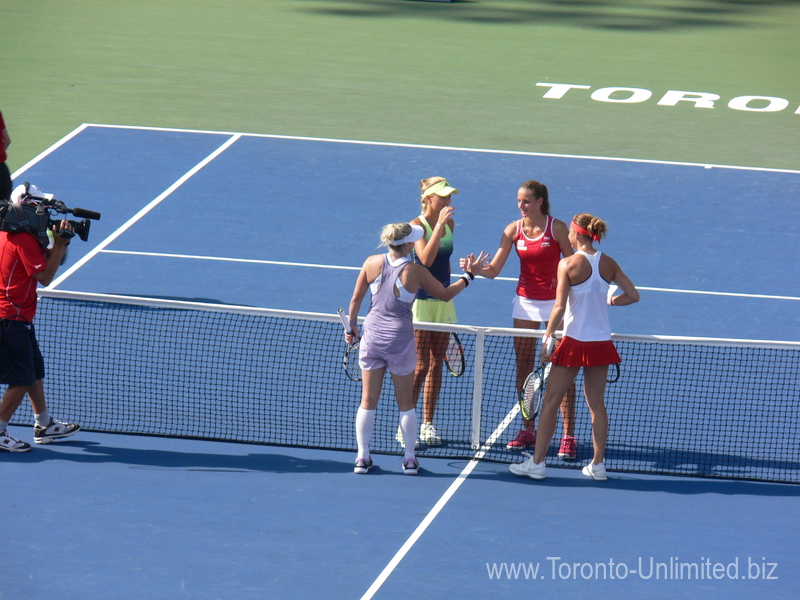 The end of semi-final doubles match: Winners LucieSafarova (CZE) and Bethanie-Mattek Sands (USA) 15 August 2015 Rogers Cup Toronto 