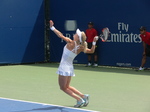 Aliaksandra Sasnovich (BLR) serving on Court 5 in a qualifying match with Ursula Radwanska (POL) 8 August 2015 Rogers Cup