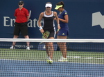 Martina Hingis in front with Sanja Mirza to serve 14 August 2015 Rogers Cup Toronto