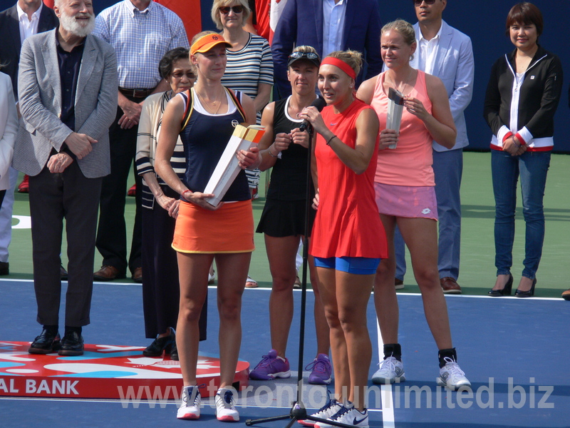 Rogers Cup 2017 - Makarova holding Trophy and Vesnina speaking during Award Ceremony!