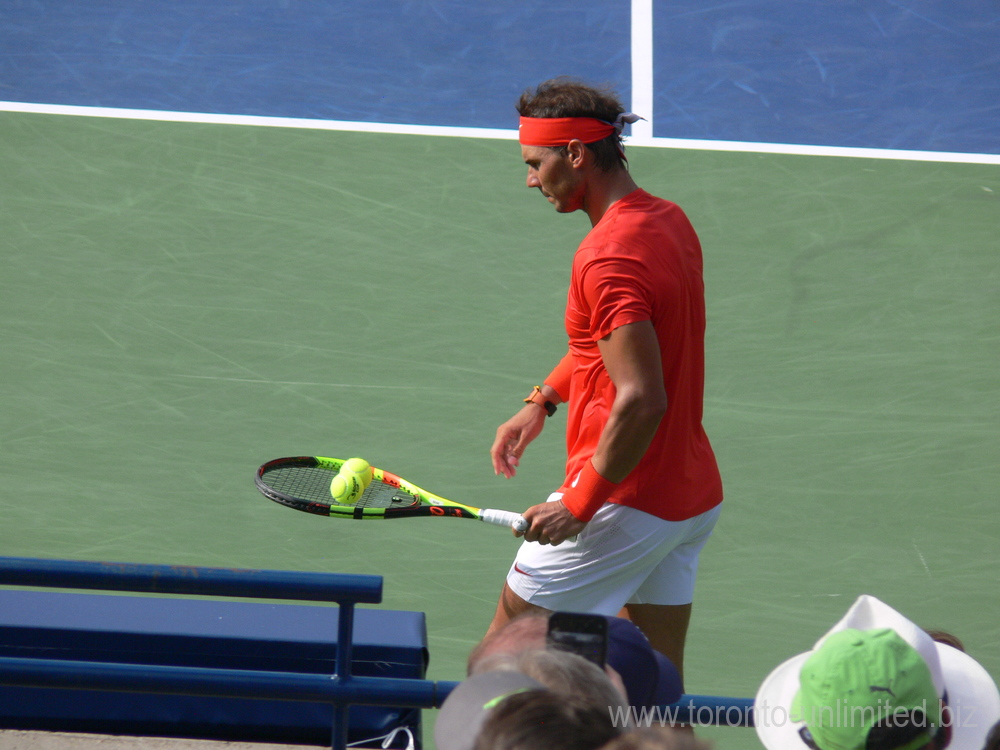 Rafael Nadal on Centre Court getting ready to serve. Rogers Cup August 12, 2018  Toronto.