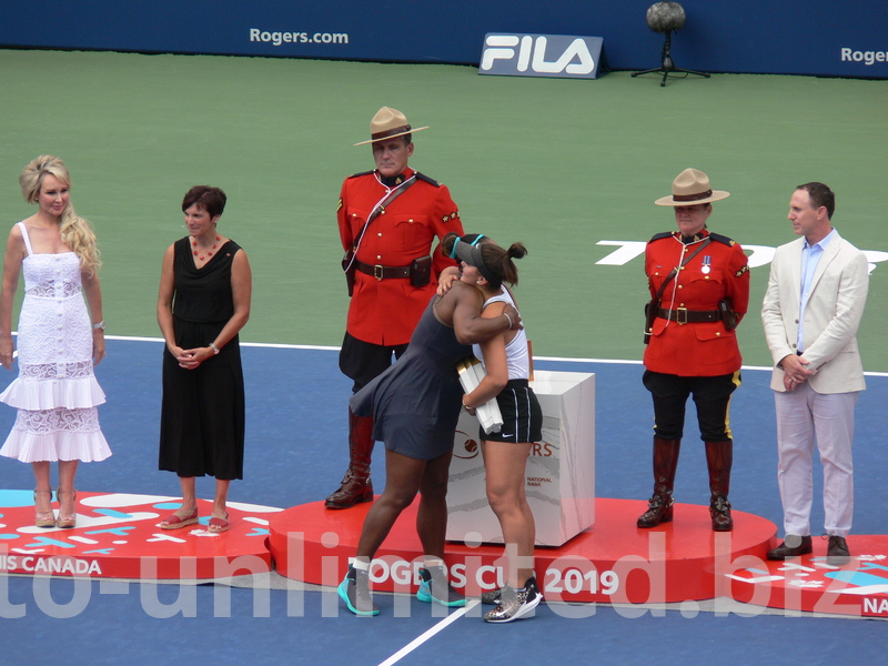 Great sportsmanship is on display, while Serena Williams and Bianca Andrescu a embracing each other, August 11, 2019 Rogers Cup Toronto