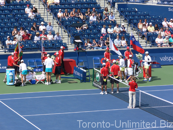 Srebotnik Sugiyama with Black and Huber coming to Centre Court Rogers Cup 2007.