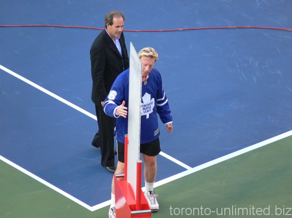 Boris Becker next to the Rogers Cup Hall of Fame Exhibit. Becker in Toronto Maple Leafs Hockey Jersey