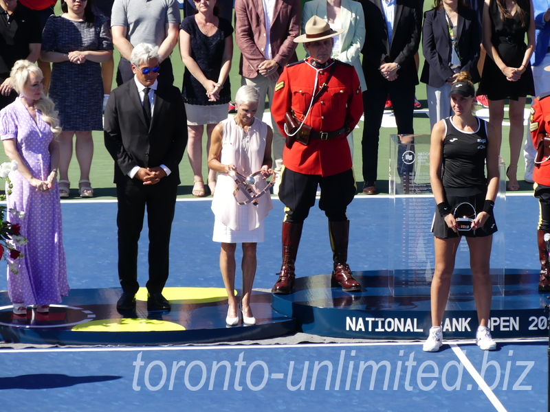 National Bank Open 2022 Toronto - Singles Final Trophy Presentation with Lucie Blanchet with the Championship Trophy in hand for presentation