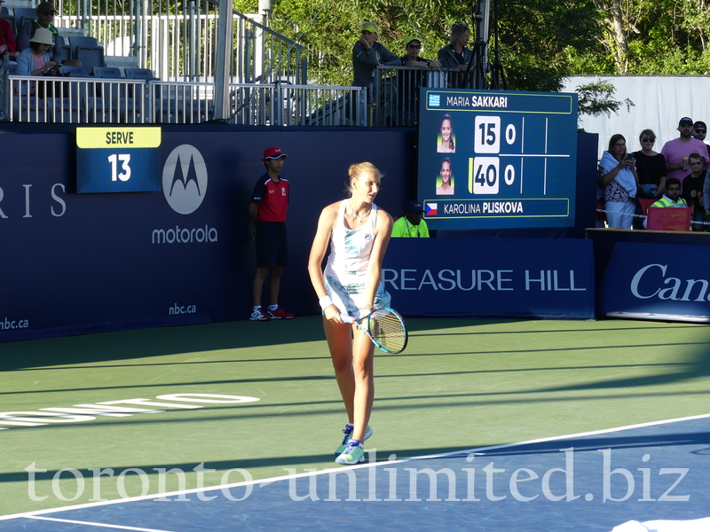 Karolina Pliskova is serving her first game against Maria SAKKARI GRE on NATIONAL BANK GRANDSTAND Thursday, August 11, 2022