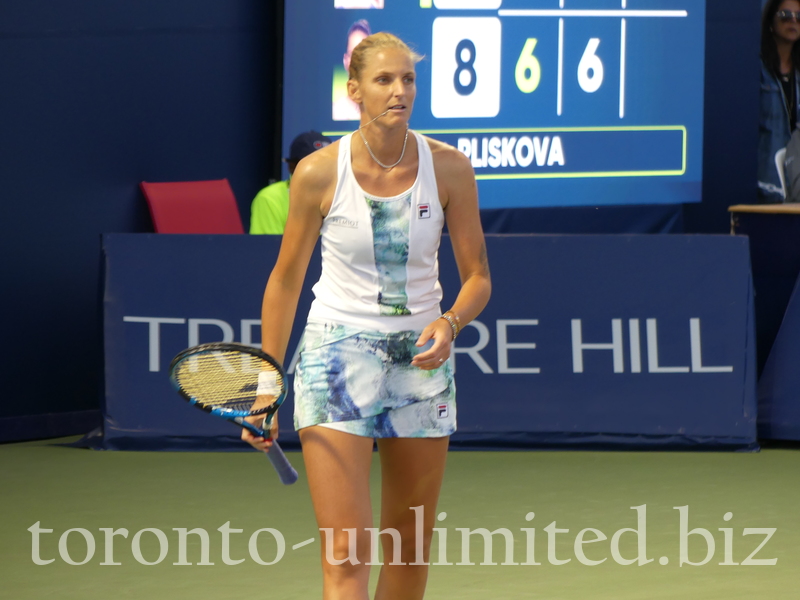 Karolina Pliskova is playing a tie-breaker of the second set in a match with Maria SAKKARI GRE on NATIONAL BANK GRANDSTAND Thursday, August 11, 2022