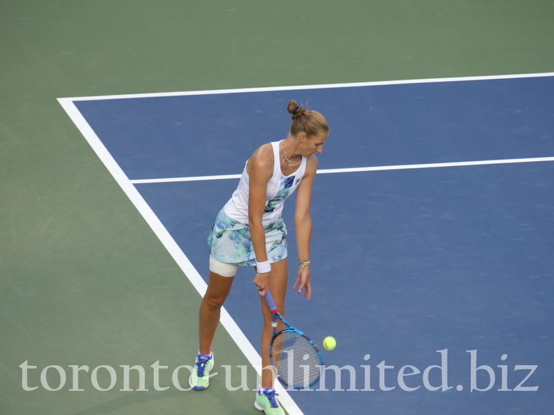 [14] Karolina PLISKOVA CZE is serving in the Semifinal match against Beatriz HADDAD MAIA on Centre Court on August 13, 2022