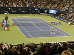 Bianca Andreescu is returning a backhand shot to Daria Kasatkina on Stadium Court Tuesday, August 9, 2022