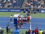 Marcelo AREVALO (ESA) and Jean-Julien ROJER (NED) on left side of the Net. Rajeev RAM (USA) and Joe SALISBURY (GBR) [3] on the right side of Net awaiting tossup.