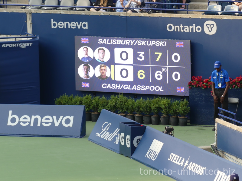 The scoreboard is showing the start of the match tiebreaker in the Doubles Championship Final on August 7, 2025