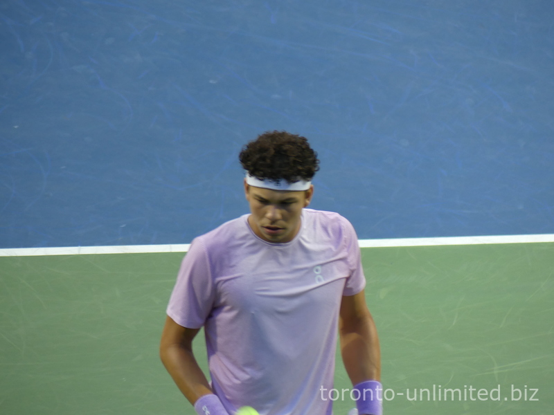 Closeup of concentrated Ben Shelton on Centre Court playing Karen Khachanov at the NBO 2025 Toronto, August 7, 2025