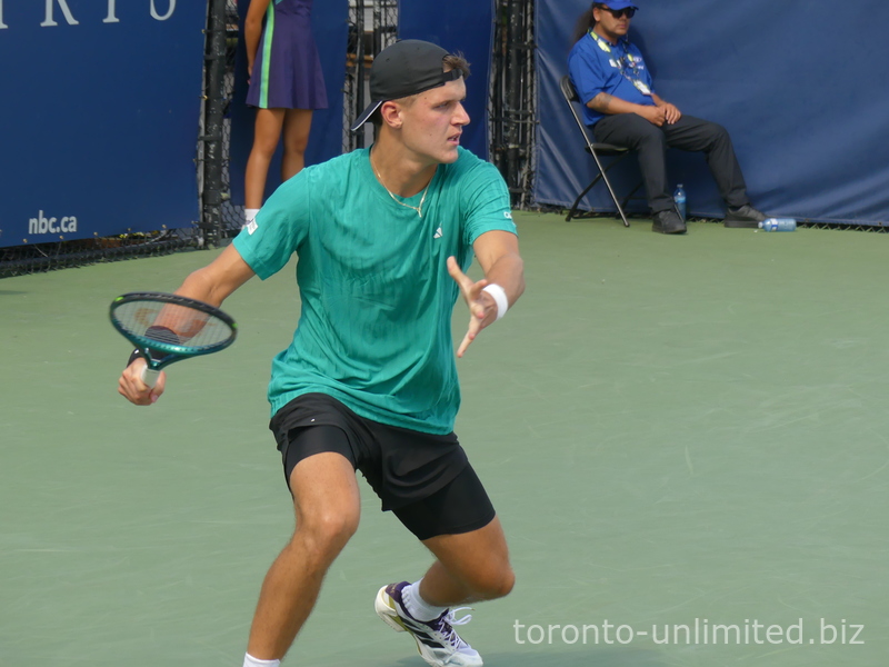 Closeup of Jakub Mensik (CZE) playing on the Court with Tristan Boyer (USA), July 30, 2025. 