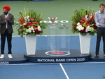 National Bank Open 2025 Championship and Runner-up Trophy on display