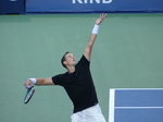 Canadian Vasek Pospisil is serving in a qualifying match on July 27, 2025. NBO 2025 Toronto.