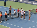 It is also Emirates Airlines Day at the National Bank Open on August 3, 2025. Flavio Cobolli and Ben Shelton at the Net for the coin toss. 
