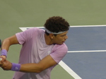 Concentrated Ben Shelton returning a backhand to Flavio Cobolli at NBO 2025, August 3, 2025 