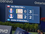 Scoreboard showing Iga Swiatek Vs. Elena Rybakina 6:3, 3:2, 40:15