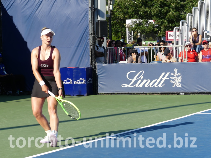 Barbora Krejcikova is at the start of the serving motion.