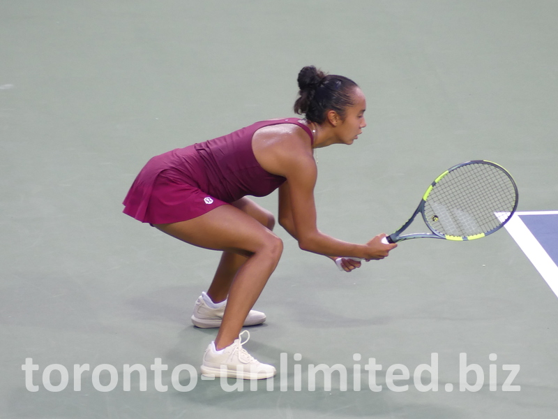 Crouching and concentrated, Leylah Fernandez waits for the serve ball.