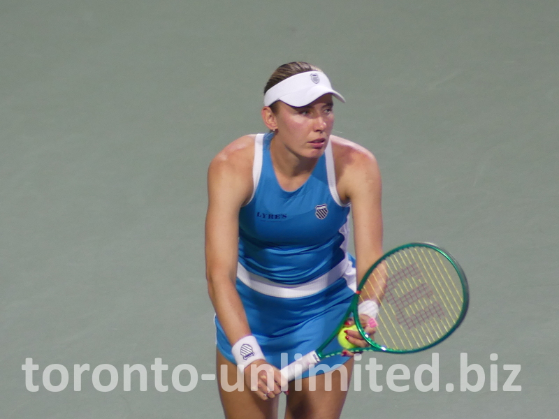Elina Svitolina in a serve-preparation posture.