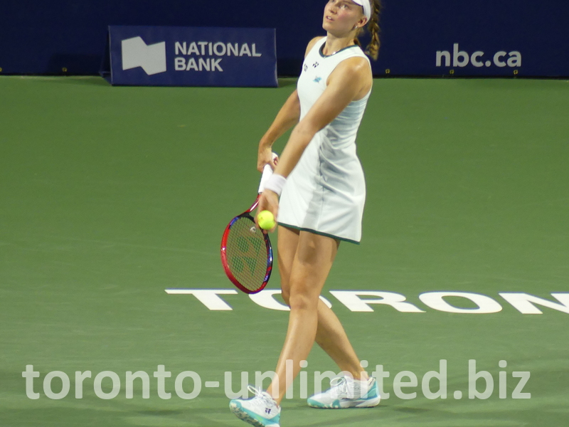 Elena Rybakina is ready to toss the ball and serve it.