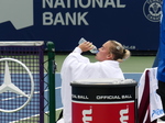 Sara Bejlek drinks water during her break.