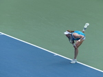 Watch the acrobatic posture of Liudmilla Samsonova after she serves the opponent Rybakina.