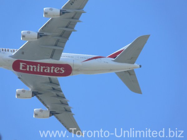 Emirates Day. Emirates Airbus a380 over Stadium Court.