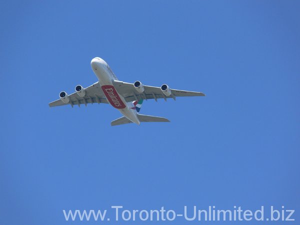 Emirates Day. Emirates Airbus a380 over Rexall Centre.