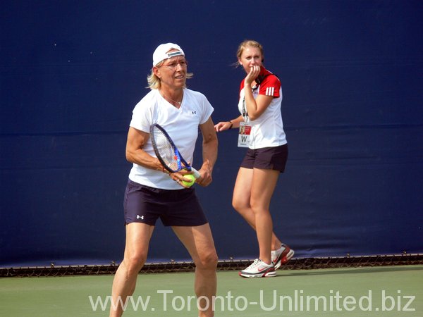 Martina Navratilova concentrating in practice.