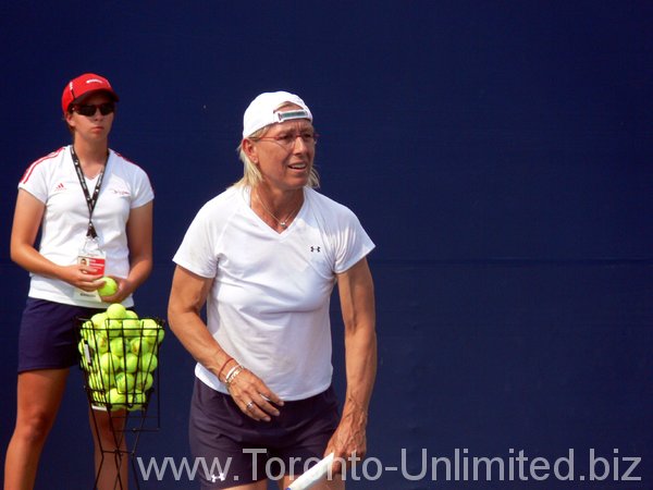 Martina Navratilova practicing serve at Rogers Cup 2009.