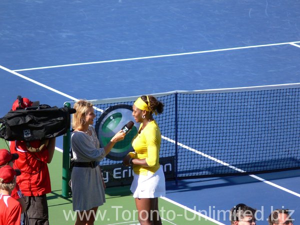 Serena Williams in post game, on court interview.