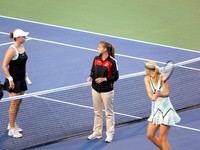 Alisa Kleybanova of Russia and Maria Sharapova of Russia. Coin toss for Semifinal match.