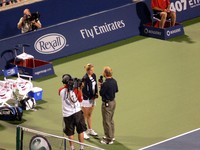 Kim Clijster in post game interview. Winner against Elena Baltacha, 18 August 2009, Stadium Court.