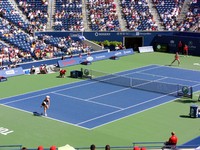 Stosur serving agianst Elena Dementieva on Stadium Court.