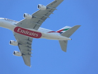 Emirates Airbus a380 flying over Stadium Court.