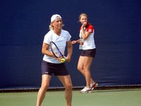 Martina Navratilova concentrating in practice.