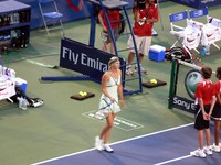 Maria Sharapova preparing to play Nadia Petrova.