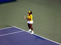 Serena Williams receiving against Yaroslava Shvedova.