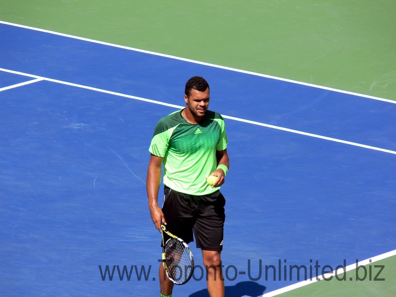 Jo-Wilfried Tsonga during the warmup with Roger Federer August 10, 2014 Rogers Cup Toronto